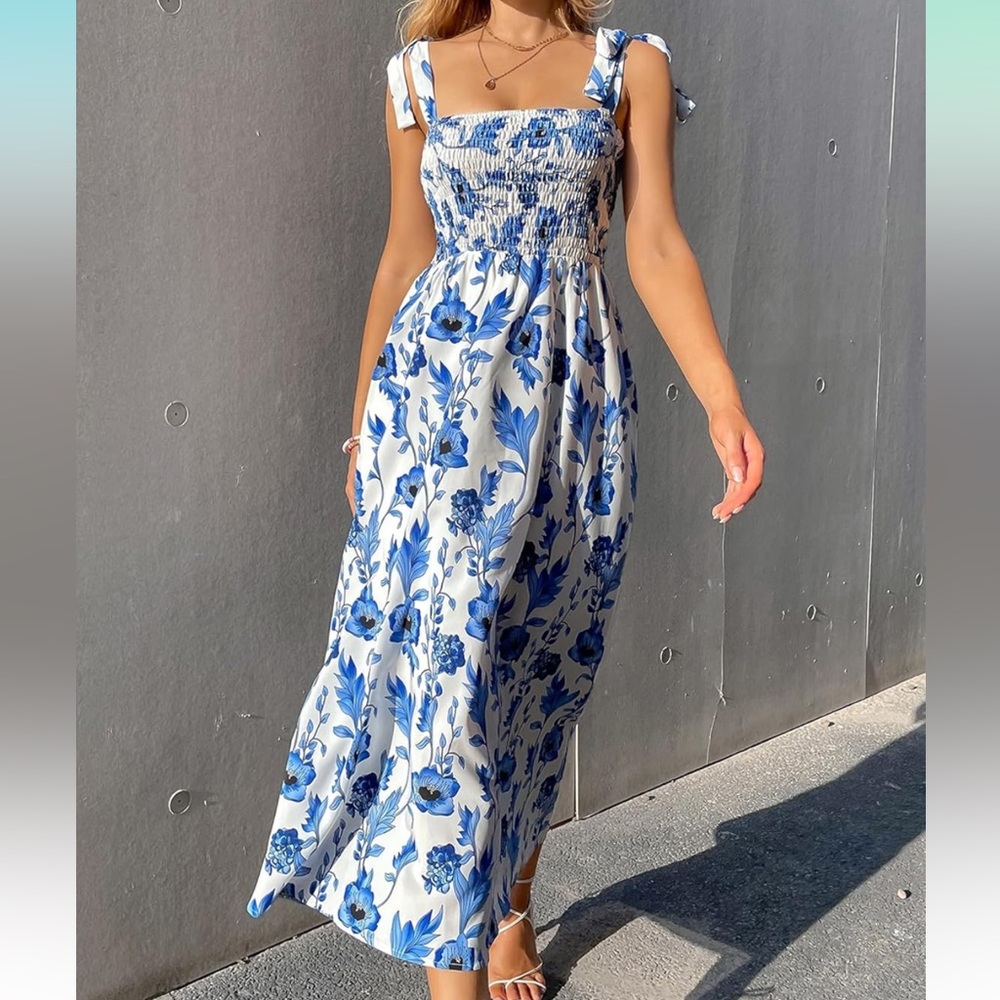 Women's Floral Print Tie Strap Square Neck Ruffle Boho Maxi Dress - Picture 2 of 7